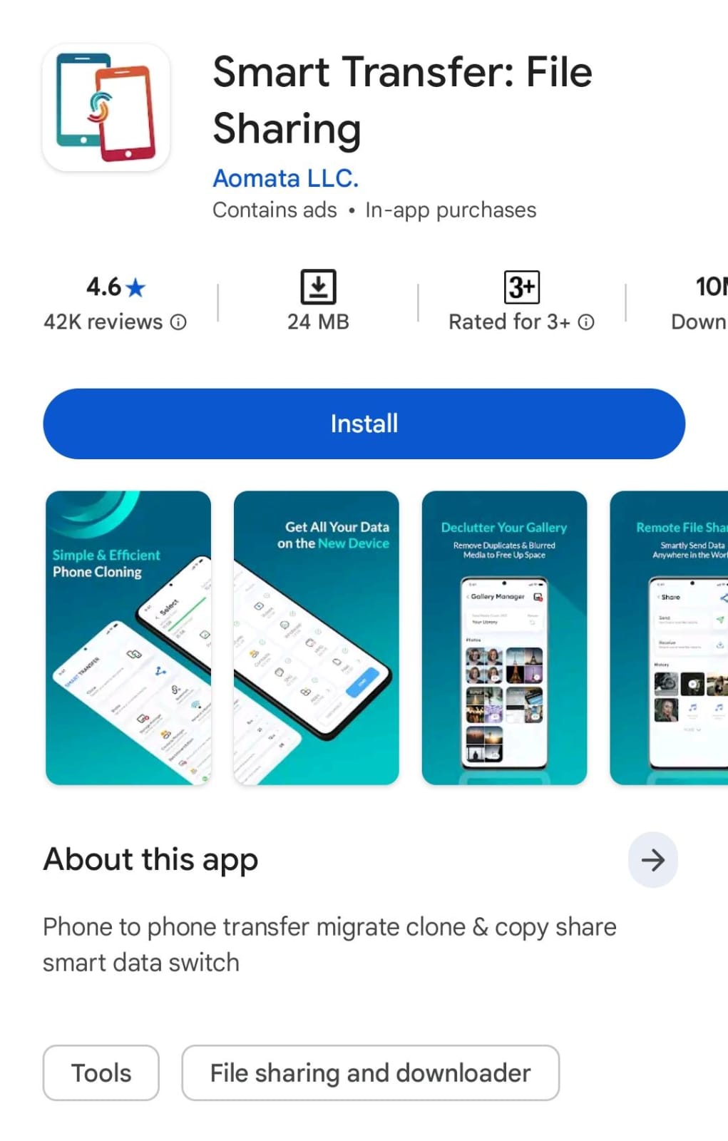 Smart Transfer app listing on the App Store, showing app icon, rating, number of downloads, and a preview of the app.